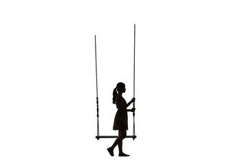 Isolated Silhouette of Girl on Swing with Black Background PNG