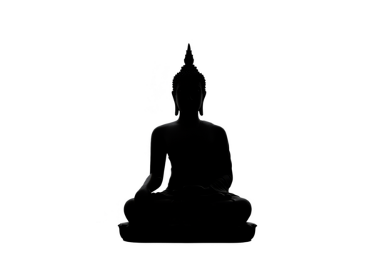 Isolated Silhouette of Meditative Buddha Statue in Dark Transparent Background
