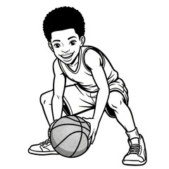 Boy Illustration Playing Basketball in Black and White Transparent Background