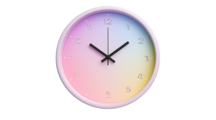 A pastel gradient clock with white frame showing ten past one on a transparent background in a studio shot