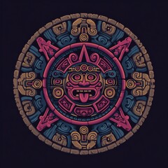 Fototapeta premium Aztec Calendar Stone: Ancient glyphs and intricate carvings adorn a vibrant representation of an Aztec calendar stone, depicting cosmological elements.