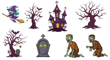 A whimsical Halloween scene featuring a witch flying on a broomstick, a haunted house, eerie trees, and zombies emerging from graves