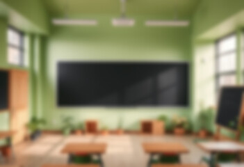 blurry classroom image. green nature themed classroom with lots of small plants in the corners of the room, cool, fresh.