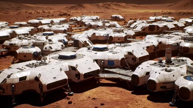 Wide angle view of a large futuristic habitat on a reddish, barren, Martian-like planet