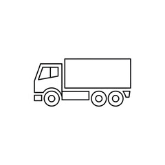 Minimalist line drawing shows isolated moving truck with visible wheels, cab and boxy trailer