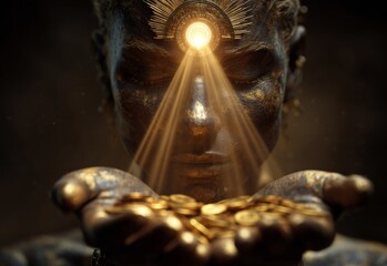 Mystical Enlightenment and Prosperity: A captivating digital art piece depicts a serene figure with a third eye and gold coins, radiating enlightenment and wealth.