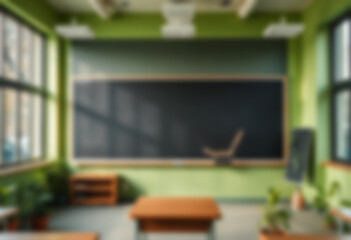 blurry classroom image. green nature themed classroom with lots of small plants in the corners of the room, cool, fresh.