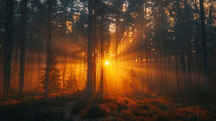 Obraz premium Forest with golden light rays piercing through trees, illuminating the ground