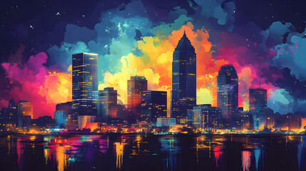 Vibrant colorful panoramic illustration of New Orleans skyline at horizon featuring iconic landmarks and detailed urban landscape under bright artistic sky 63657630 2