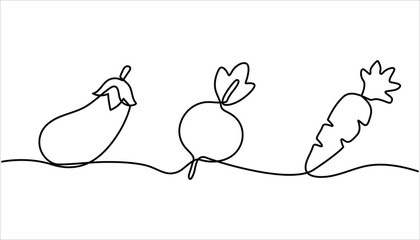 Vegetables one line set. Continuous line drawing of tomato, bell pepper, carrot, eggplant. Continuous one single minimal line drawing vegetables.
