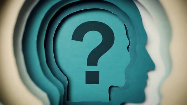 Abstract Head Profile Layers with Question Mark in Blue Papercut Style Reflecting Inner Mind Contemplation and Intellectual Dilemma