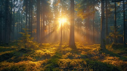 Naklejka premium Forest floor with sun rays shining through trees