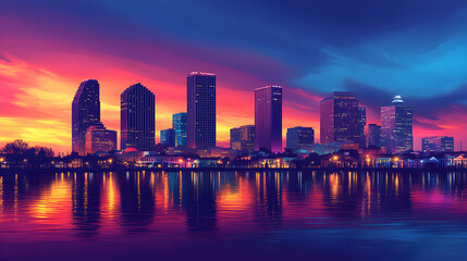 Obraz premium Colorful panoramic illustration of New Orleans skyline at horizon with vibrant artistic details and iconic cityscape elements, bright and lively urban landscape stock image 80953612 4