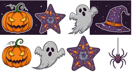 Colorful Halloween-themed illustrations featuring pumpkins, ghosts, stars, a witch's hat, and a spider against a dark background