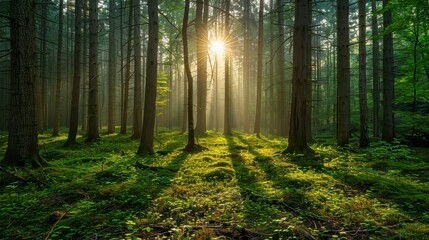 Obraz premium Sun streams through dense forest of tall trees, illuminating mossy undergrowth in a serene, verdant scene