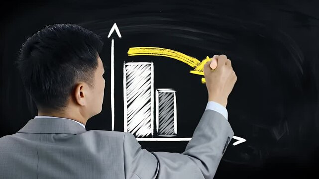 Asian Man in Gray Suit Draws Decreasing Bar Graph on Chalkboard with Yellow Arrow Displaying Downtrend Loss and Negative Performance