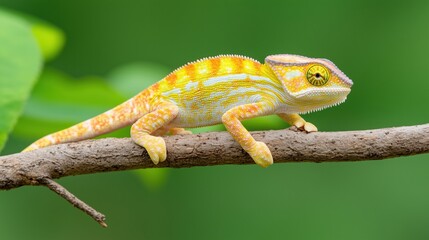 Close up of veiled chameleon on branch
