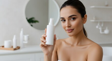 Beautiful Woman Holding Cosmetic Product in Bathroom, Skincare Concept