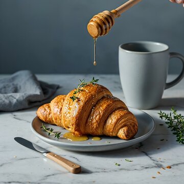 Golden croissant with honey drizzled crossaint garnished with thyme on white marble. Styled with grey ceramic mug, crisp texture and soft light ideal for bakery ads and packaging.