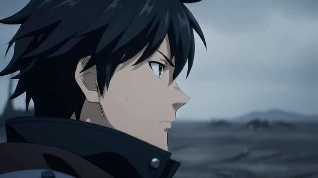 Anime style portrait of a dark-haired male looking pensively into the distance
