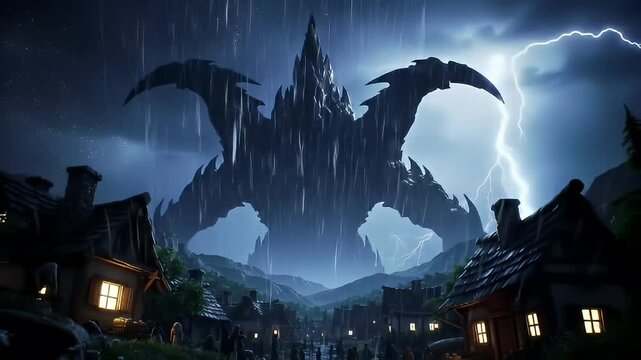 A fantasy village cowers under a storm with a giant looming, dark, rock structure