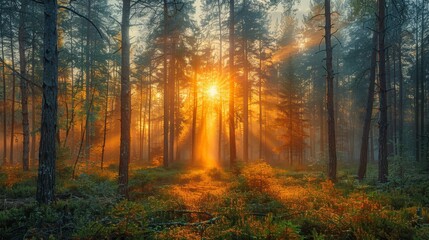 Sunburst through misty woods. Tall trees & green undergrowth. Rays piercing fog