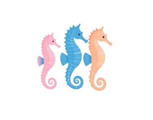 Three Colorful Cartoon Seahorses Pink Blue and Peach Isolated on Black Background.