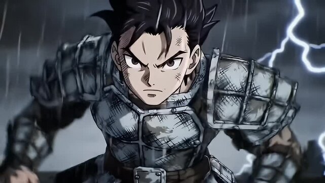 Anime warrior stares intently wearing battle armor, amidst rain and lightning flashes
