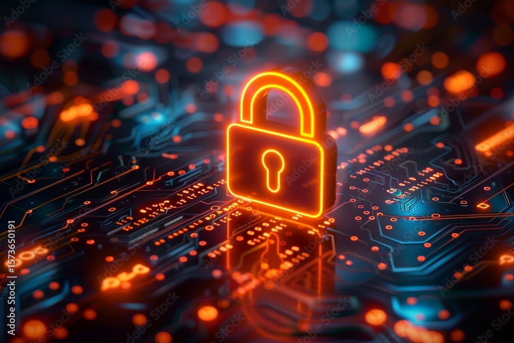 Wall mural glowing lock icon on circuit board symbolizing cybersecurity and data protection