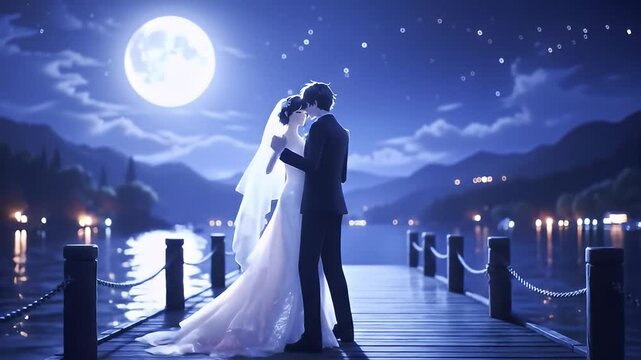 Anime couple, bride in gown and groom in tuxedo, dance on a dock under a full moon