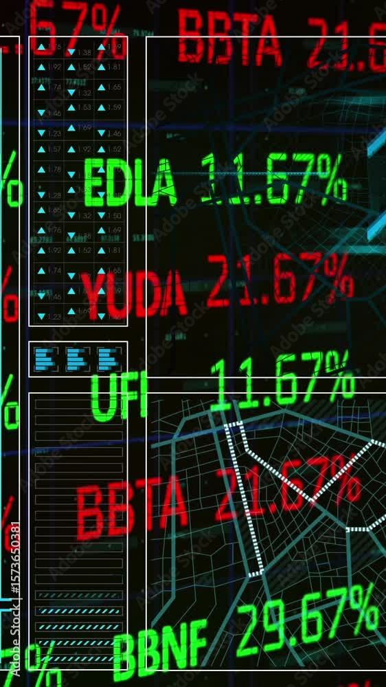 Poster animation of trading board, graph, loading circles and navigation pattern over black background