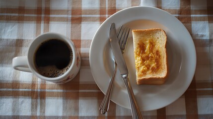 A simple breakfast of coffee and toast with butter on a checkered tablecloth from overhead view