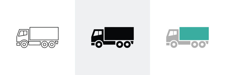 Three simple delivery truck vectors showcase line art, solid black, and grey with teal