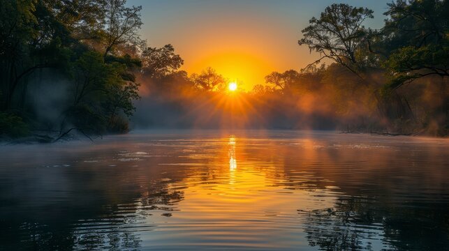 Golden sunrise reflects on a river framed by lush trees with mist rising from water