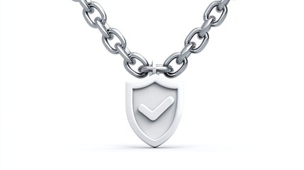 A metal chain suspending a shield pendant, white background, signifying protection and security