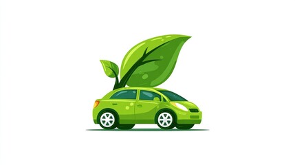 Animated illustration depicts a green car with giant leaf above it, promoting eco-friendliness