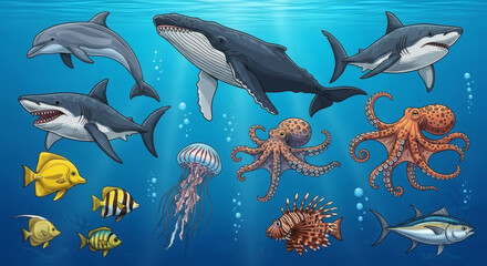 Fototapeta premium Marine Biodiversity: Vibrant illustration showcases the rich biodiversity of the ocean, featuring a whale, dolphin, shark, octopus, jellyfish and other fish swimming gracefully in clear blue water