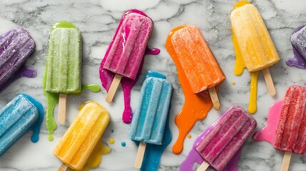 Colorful melting popsicles on a marble surface create a vibrant and sweet summer treat display