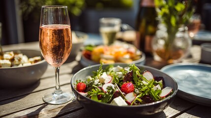 Close up of a glass of rosé wine and bowls of salads on a wooden table outside in the sunshine
