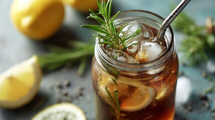 Iced beverage in a mason jar with a metal straw and rosemary garnish on a textured surface with lemons