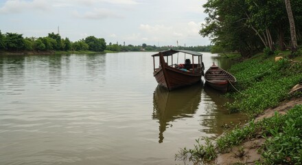 Obraz premium Serene Riverbank Scene with Wooden Boats Docked Tranquilly by Lush Greenery under Cloudy Sky