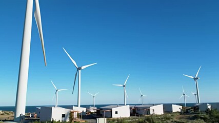 Wind farm alongside modern homes against a clear blue sky, close to the ocean