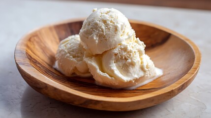 Three scoops of vanilla ice cream in a wooden bowl sitting on a marble countertop surface, top view