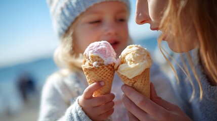 A child and adult holding ice cream cones with the ocean visible in the background on a sunny day