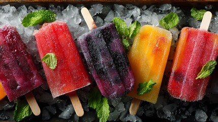 Assorted fruit popsicles on ice with mint leaves, a refreshing summer treat, colorful and vibrant
