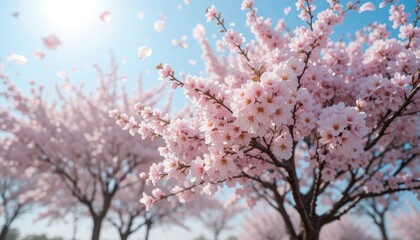 A view of cherry blossom trees with pink flowers against a bright blue sky on a sunny day outdoors