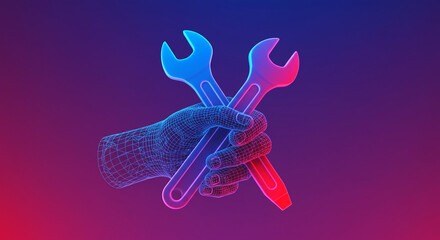 Naklejka premium A futuristic wireframe hand holds two crossed wrenches, rendered with vibrant blue and red neon lighting, creating a modern and technological aesthetic suitable for various design projects.