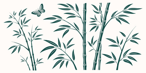 Fototapeta premium Serene Bamboo Silhouette: An elegant illustration of stylized bamboo stalks and leaves, accompanied by a delicate butterfly, creates a serene atmosphere.