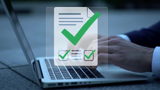 Businessman Hands Typing On Laptop with Digital Overlay Checklist and Green Checkmarks in Modern Office Setting for Business Compliance