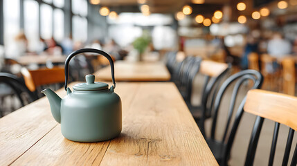 A charming teapot sits gracefully on a wooden table in a warm cafe setting, inviting a sense of tranquility and anticipation